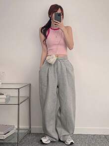 DAZY 女款基礎撞色短版健身運動背心 夏季可愛上衣 - 粉色 - 查看 7