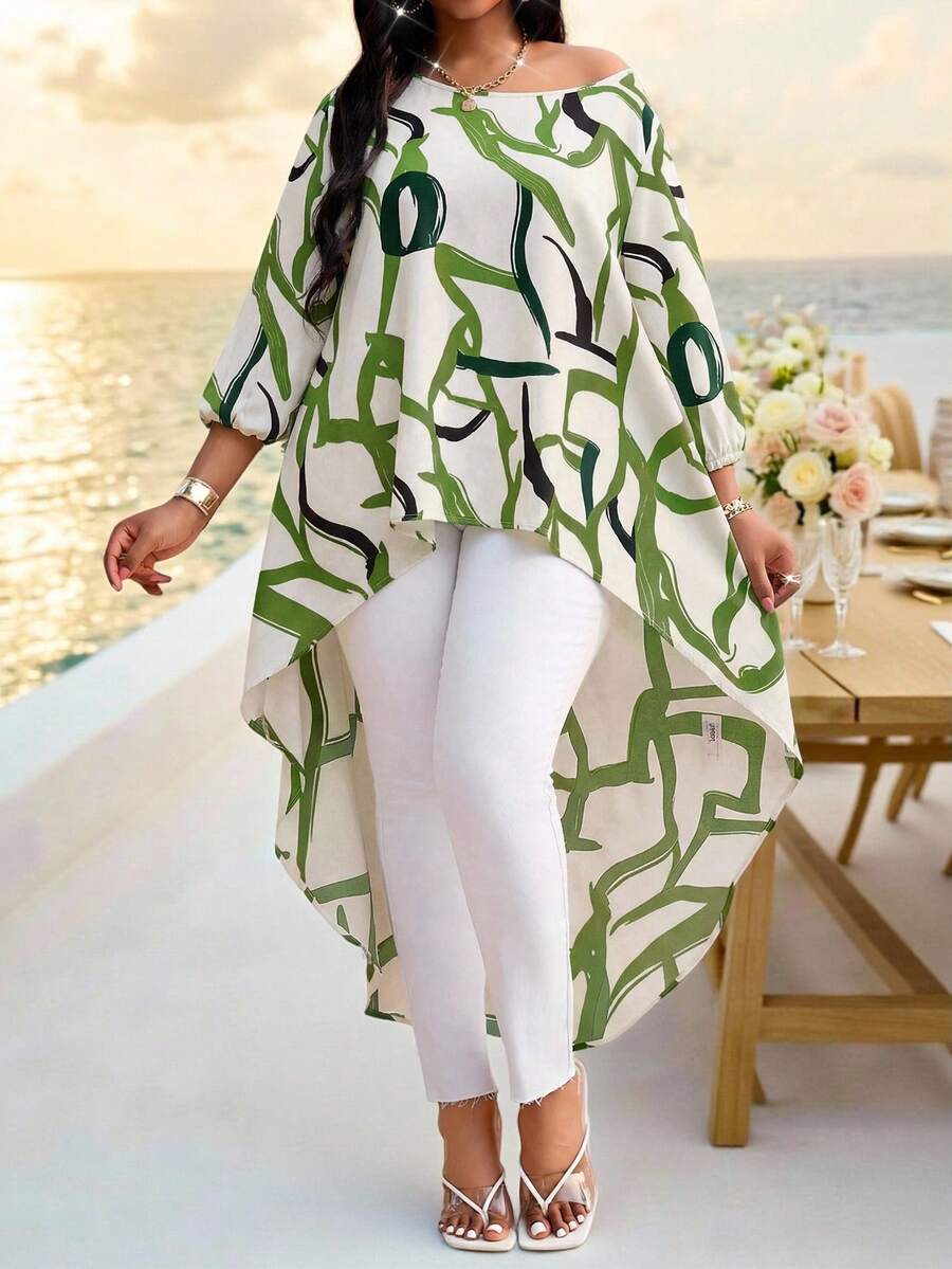 SHEIN Lady 春夏优雅通勤办公休闲波西米亚风彩色编织圆领高低袖七分袖大码T恤 大码衬衫 - 彩色 - 查看 1
