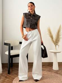Women's White High Waist Wide Leg Jeans Loose Fit Straight Denim Pants - White - View 4