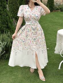 Feyla New Arrival French Romantic Floral Print Cinched Waist Elegant Dress, Suitable For Daily, Vacation, And Gatherings - Multicolor - View 4