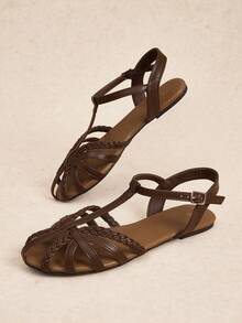 Rosivie Sandal đế bằng thời trang thường ngày dành cho nữ, thiết kế khóa cài. - Cà phê nâu - Xem 6