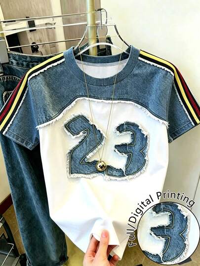 Franclia Summer Casual Colorblock Numeric Print Short Sleeve T-Shirt