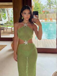 Bonvoyette Vestido largo con cuello halter, tejido hueco y que deja al descubierto el abdomen, como accesorio de cobertura para mujer - Verde - Ver 9