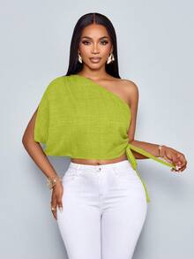 Women's Solid Color Asymmetrical Shoulder Batwing Sleeve Cropped Shirt - Blue - View 6