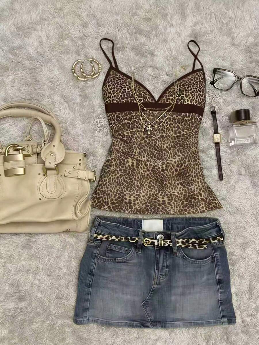 SHEIN Fitted Patchwork Women Camisole - Coffee Brown - View 1
