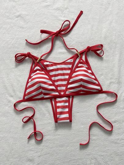 Swim Vcay Women's Red & White Striped Halter Neck Sexy Beach Bikini 2 Pieces Set, Summer