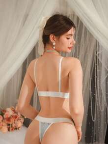 DelicateAllure Light Blue Triangle Cup Wireless Bra Set, Romantic & Elegant, Lace Patchwork Design, Slimming Effect - Baby Blue - View 2