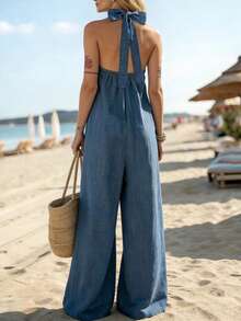 SHEIN PariChic Bộ jumpsuit nữ dáng rộng ống rộng, cổ yếm, chất liệu giả vải lanh, kiểu dáng nghỉ mát. - Màu xanh lam - Xem 2