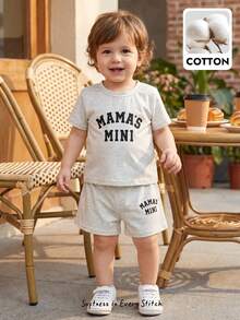 Cozy Pixies Bộ 2 món gồm áo thun ngắn tay cổ tròn in chữ và quần short cạp chun cho bé trai và bé gái, trang phục thường ngày mùa xuân/hè. - Xám - Xem 9