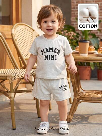 Cozy Pixies Set de 2 piezas Camiseta de manga corta con cuello redondo y estampado de letras, y pantalones cortos de cintura elástica, conjunto informal para bebés niños y niñas, primavera/verano