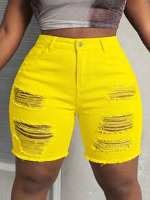 Slaydiva Quần short denim rách có túi và cúc dành cho nữ cỡ lớn, kiểu dáng thường ngày. - Màu vàng - Xem 6