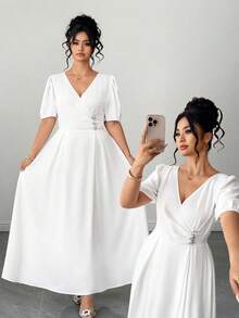 SHEIN Clasi 大尺碼女款 V 領重疊領短澎袖收腰 A 字洋裝 - 綠色 - 查看 3