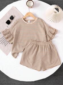2pcs/Set Tween Girls' Fashion Casual Summer Holiday Daily Wear Round Neck Short Sleeve Knit Coffee & Striped Ruffle Sleeve T-Shirt And Striped Shorts - Coffee Brown - View 6