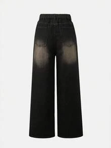 Quần jean denim dáng suông màu đen và xám dành cho nữ tuổi teen, đa năng, thời trang, thoải mái, phong cách retro, cạp chun, họa tiết râu mèo độc đáo. - Rửa trung bình - Xem 2