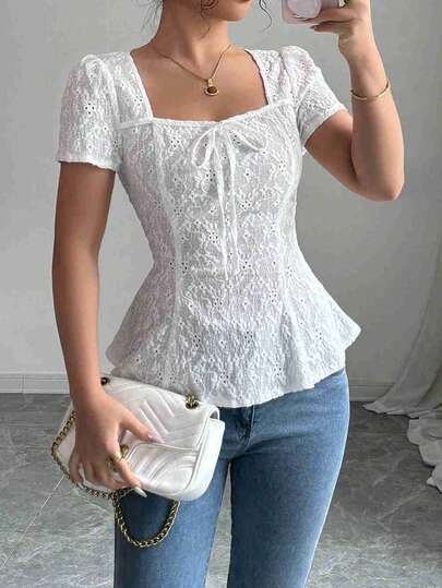 Rafferiza White Lace Front Tie Slim Waist Blouse For Plus Size Women