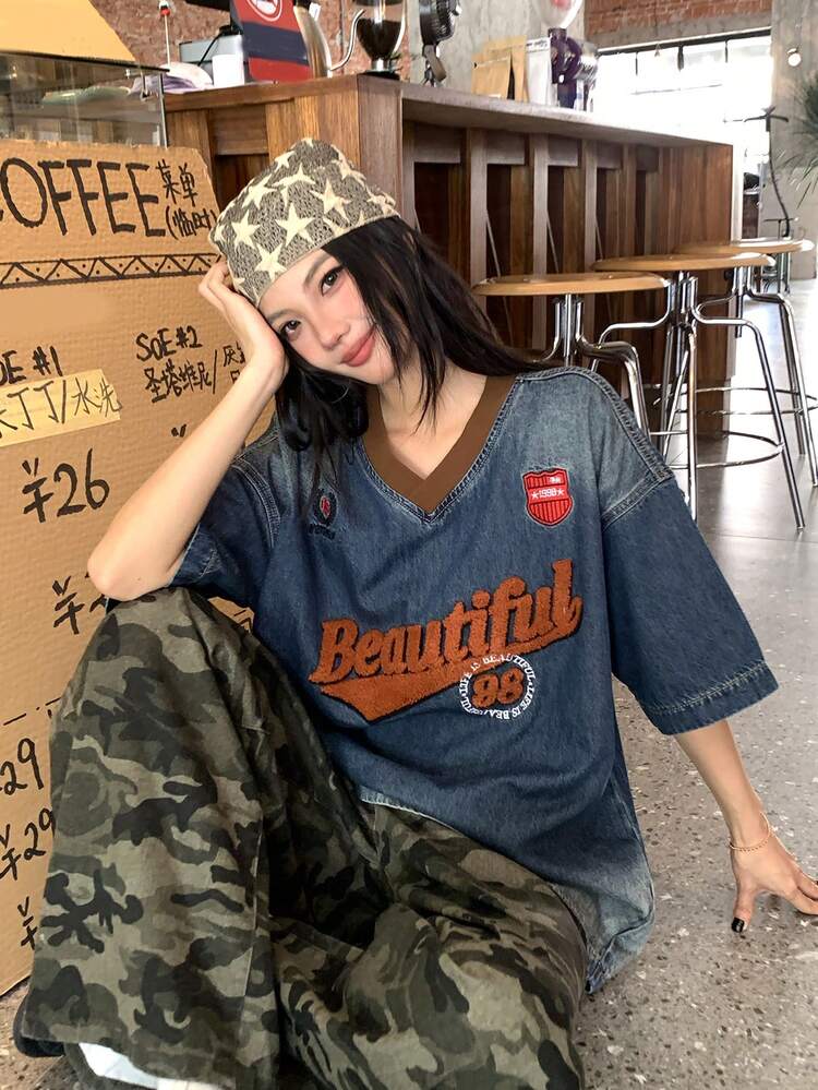 Women's Washed Embroidered Contrast Color Casual Denim Blouse