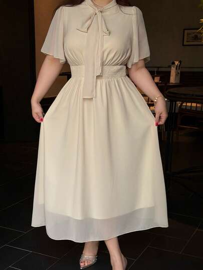 Dazy Plus Plus Size Women's High Collar Butterfly Tie Decor Ruffle Hem Long Dress, Elegant Summer Beach Dress