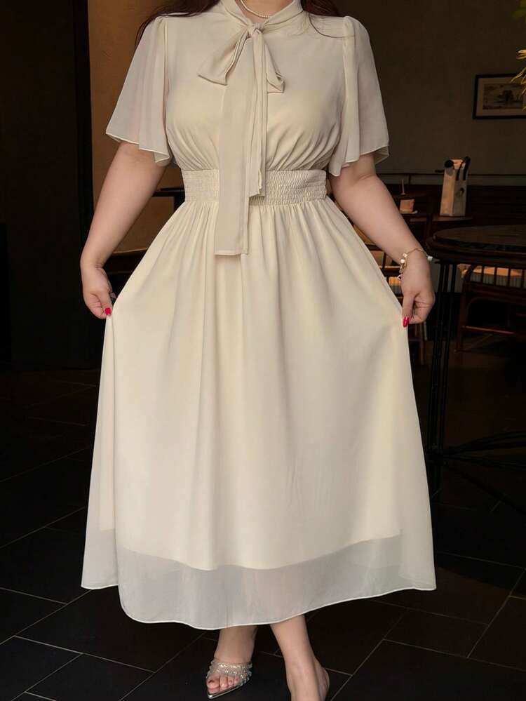 Dazy Plus Plus Size Women's High Collar Butterfly Tie Decor Ruffle Hem Long Dress, Elegant Summer Beach Dress