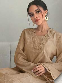 Al Najma Women's Elegant Long Sleeve Arabic Style Dress - Khaki - View 1
