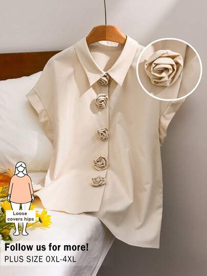 CosyJoli Áo sơ mi cài nút dáng rộng, kiểu dáng thường ngày, áo nữ mùa hè dễ thương với họa tiết hoa 3D, hoàn hảo để đi chơi, áo hoa hồng, áo nữ mùa hè.