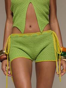 MUSERA Quần short mini ôm sát, phối ren móc tương phản, buộc dây bên hông, thích hợp cho kỳ nghỉ hè, lễ hội, tiệc tùng, bãi biển, lễ hội hóa trang. - màu xanh lá - Xem 4