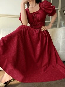 Feyla Women's Solid Color Square Neck Ruched Bust Elegant Mid-Length Dress - Burgundy - View 1