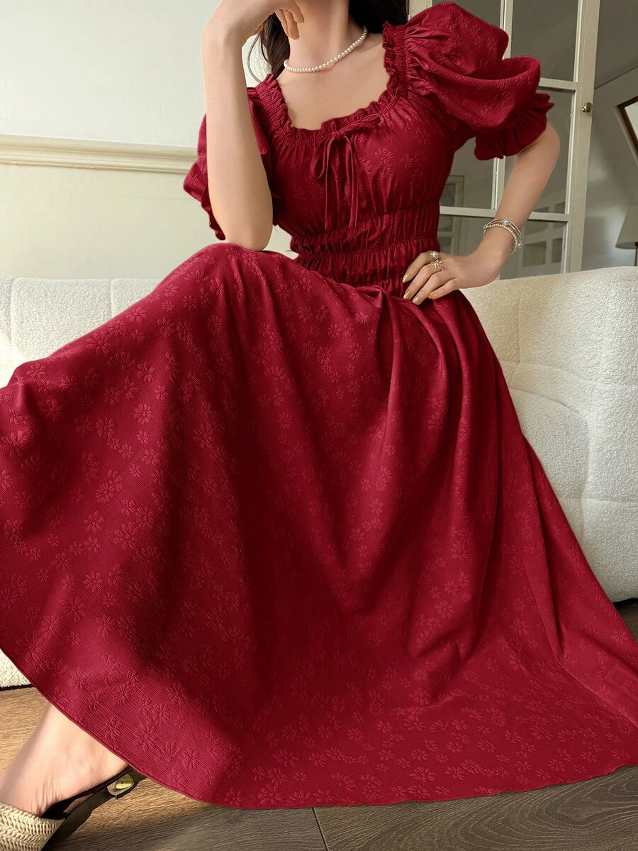 Feyla Women's Solid Color Square Neck Ruched Bust Elegant Mid-Length Dress - Burgundy - View 1