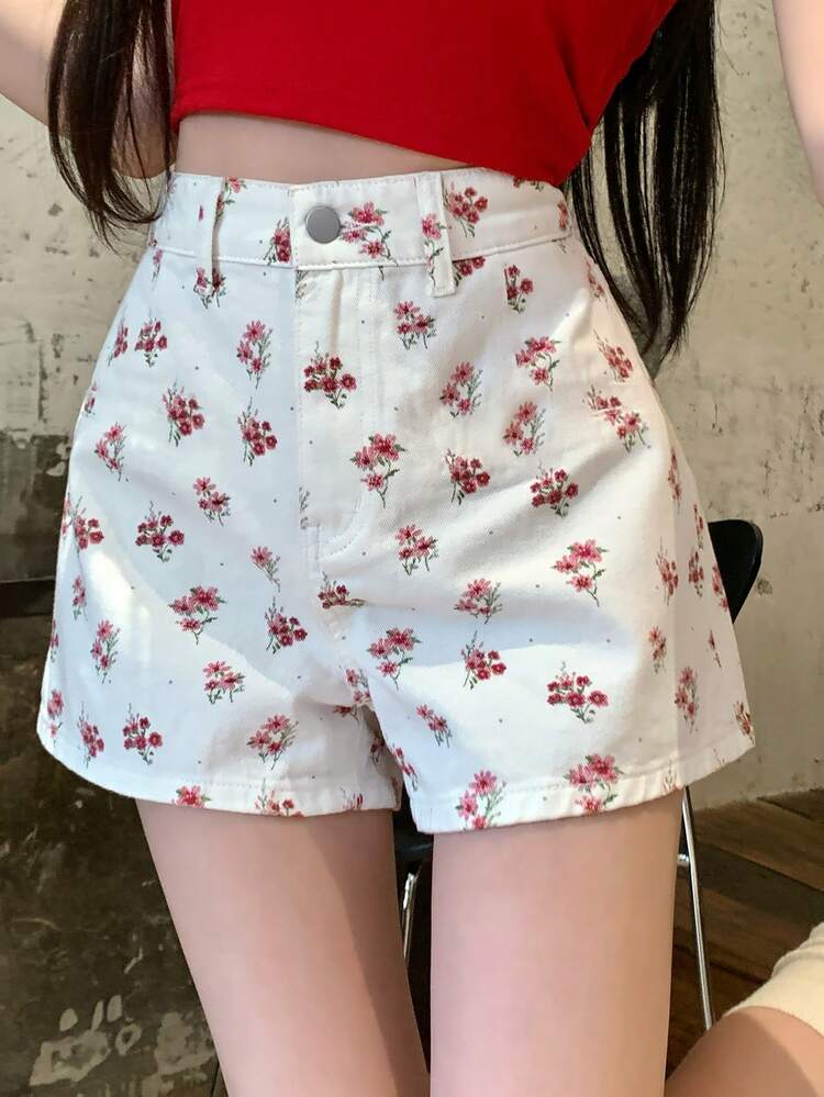 Women's Casual Straight Leg Denim Shorts, Retro Floral Print, Suitable For Spring, Summer, Beach, Street Wear