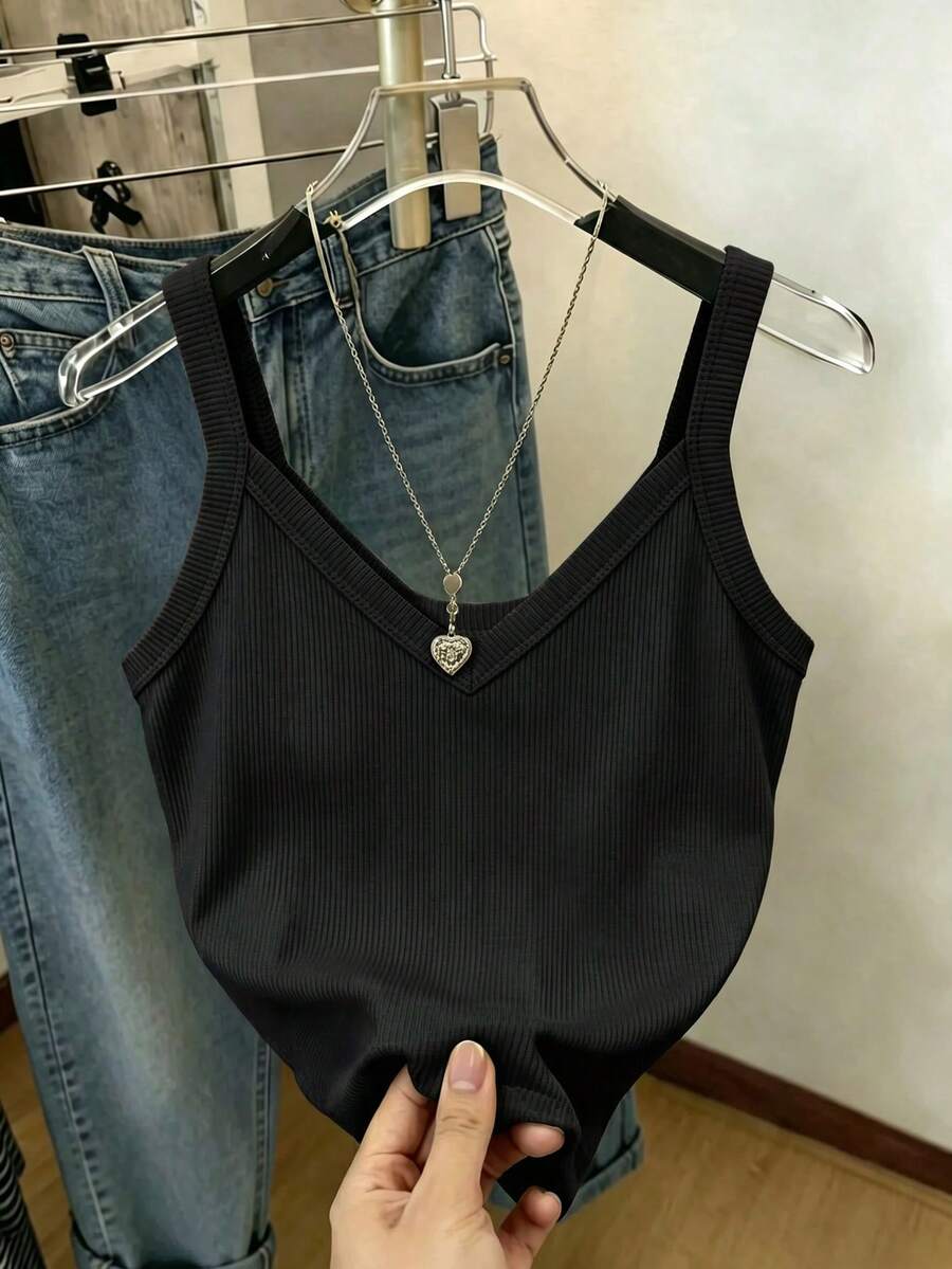 Resyla 女士休闲日常通勤简约纯色罗纹针织短款吊带背心,夏季 - 黑色 - 查看 1