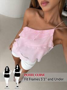 SHEIN PETITE CURVE 大码女式优雅浪漫约会之夜情人节婚礼季粉色雪纺单肩露背多层荷叶边上衣，性感沙滩荷叶边上衣，婚礼，优雅浪漫粉色衬衫，粉色上衣，适合夏季、日常通勤、约会、派对、圣诞节、新年、感恩节、派对、婚礼、海滩、毕业典礼、时尚、优雅、休闲、外出、约会、预订、通勤、闪亮、情人节、优雅、度假、休闲、Y2K、外出、毕业典礼和其他场合。 - 粉色 - 查看 2