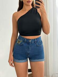 High Waist Medium Blue Wash Casual Style Button Front Patch Detailed Denim Short - Medium Wash - View 4