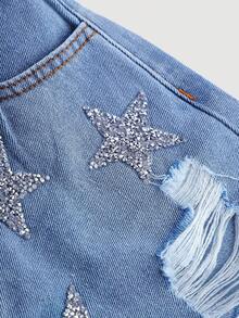 Girlism Denim Shorts, Star Pattern, Summer For Tween Girl, Spring Break ,Concert Tween Girl, Rave Festival, Sparkly Star Jean Shorts - Medium Wash - View 3