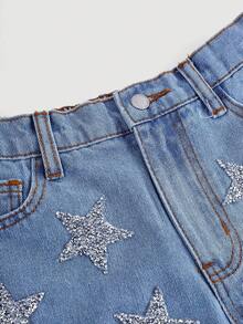 Girlism Denim Shorts, Star Pattern, Summer For Tween Girl, Spring Break ,Concert Tween Girl, Rave Festival, Sparkly Star Jean Shorts - Medium Wash - View 4