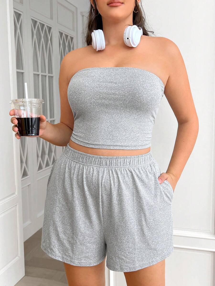 Comfortcana Bộ 2 món dành cho nữ cỡ lớn, áo quây và quần short, thích hợp cho mùa hè. - Màu Xám nhạt - Xem 1