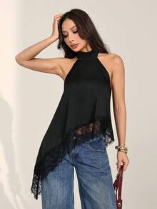 SHEIN PETITE Sexy Lace Patchwork Asymmetric Hem Backless Halter Top, Summer Asymmetrical Tops For Women Halter Neck Tops For Women,Summer Top - Black - View 10