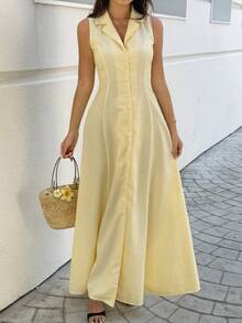 SHEIN Unity Blue & White Striped Collared Button-Front Sleeveless A-Line Dress, Elegant For Commute, Daily Wear, Dates In Summer - Yellow - View 6