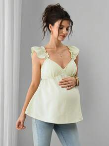 SHEIN Top de maternidad versátil de unicolor con cuello en V, mangas volantes y espalda descubierta para el verano - Amarillo - Ver 4