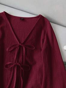 SHEIN CURVE+ 大码女式休闲系带喇叭袖上衣 - 酒紅色 - 查看 3