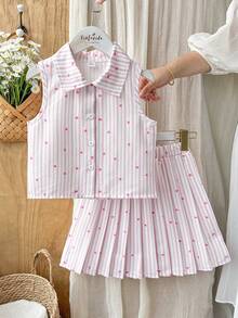 Vintaside Kids Conjunto de niña preadolescente con estampado de corazones a rayas - Perfecto para salidas diarias y reuniones casuales - Rosa Pálido - Ver 6