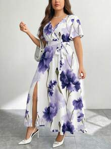 Modelyn Casual Minimalist Retro Floral Pattern Loose Plus Size Dress, Suitable For Autumn/Winter - Multicolor - View 5