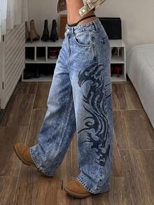 StreetHx Jeans acampanados con estampado retro vintage para tallas grandes - Azul lavado oscuro - Ver 3