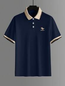 Calvornis 男士大尺碼珠地針織刺繡休閒短袖正式 Polo 衫，儀式適用 - 藏蓝色 - 查看 5