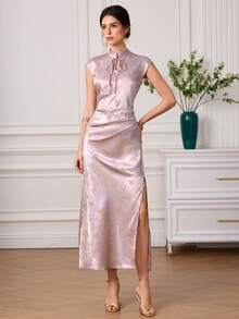 EastFlair Vestido de mujer con estampado completo y abertura hasta el muslo con cuello de corbata - Blush Crush - Ver 5