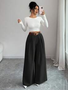 SHEIN Elenzya 女士宽松阔腿褶裥口袋裤，无腰带，适合日常和工作穿着，毕业季必备 - 黑色 - 查看 4