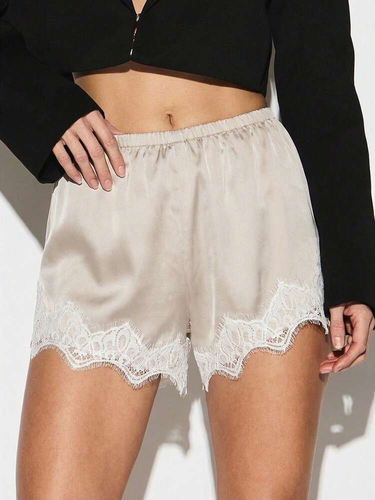 KIZN Satin Lace Trim High Waist Elegant Casual Summer Beach Festival Party Shorts