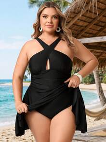 SHEIN CURVE+ Plus Size Women's Solid Color Ruched Hollow-Out One-Piece Swimsuit, Summer Holiday Swimming - Black - View 5