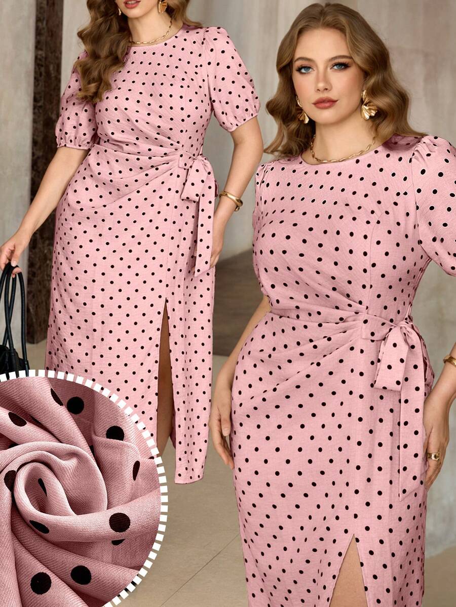 Đầm casual cỡ lớn chấm bi Pháp, bèo nhún, thắt eo, xẻ tà, thích hợp cho mùa xuân/hè. - Hồng - Xem 1