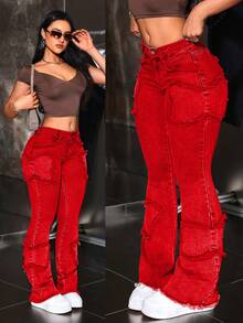 SHEIN PETITE Quần jeans ống loe cạp thấp phối họa tiết bướm dành cho nữ - Đỏ - Xem 1
