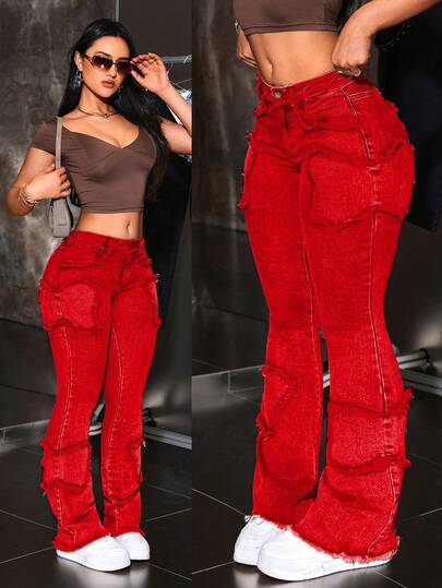 SHEIN PETITE Damen Schmetterling Patchwork Jeans mit tailliertem Bund und weitem Bein