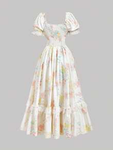 Skyraze Ivory Pastel Floral Puff‑Sleeve Corset Maxi Dress With Lace Trim - Square/Sweetheart Neck Bodice, Boned Waist & Full Gathered Skirt, Romantic Vintage‑Inspired Wedding Guest & Garden Party Gown - Multicolor - View 5